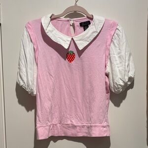 Chic Pink and White Sweater with Strawberry Accent